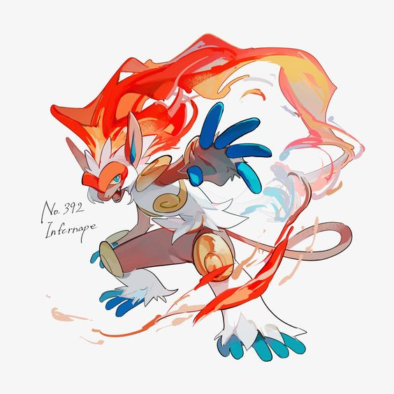 the image shows the pokemon infernape, with fiery orange and yellow flames emanating from its head and tail. its white fur is accented with gold trim on its arms and legs. it has blue accents on its hands, feet, and eyes. the pokemon is posed in a dynamic action stance, with its arms outstretched and one leg raised.