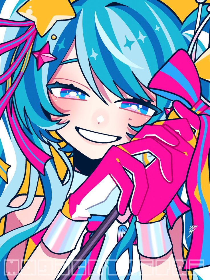 this is a digital illustration of an anime girl with blue hair, blue eyes, and pink and white gloves. she is smiling and her hair is tied in a bow on the side of her face. she is wearing a yellow, pink, and white outfit and has a starshaped accessory in her hair. the background is a simple, vibrant yellow.  the art style is bright and whimsical, and the overall mood of the illustration is cheerful and playful.