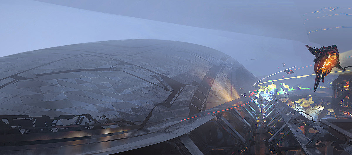 the image showcases a chaotic scene seemingly depicting a battle in a futuristic city in space. the perspective is from a low vantage point, looking up at a massive, metallic structure that dominates the top portion of the frame. smaller spaceships, some spewing fire and smoke, are scattered across the scene, engaged in what appears to be a fierce conflict. debris litters the foreground, hinting at the destruction already wrought. the overall lighting is dim, creating a sense of gloom and danger, with occasional bursts of light highlighting the action.