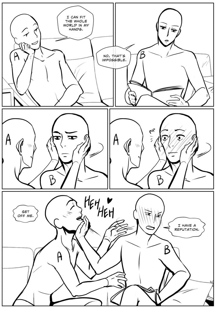 the image shows a comic strip with six panels. in the first panel, the character on the left has his arm around the character on the right, who is looking at the camera. in the second panel, the character on the left has his hand over his face, and the character on the right has his hand in a fist on his chest, while looking at the camera. the third panel shows the character on the left, with his arm around the character on the right, who is looking at the camera, blushing, and looking at the camera with wide eyes. in the fourth panel, the character on the left is holding onto the character on the right, with their faces close together. the fifth panel shows the character on the left holding the character on the right's face with both hands, and the character on the right is looking up at the camera, smiling. the last panel shows the character on the left looking up at the character on the right, and the character on the right is holding his chest with one hand and has a surprised expression, while looking down at the camera.  all the characters are in a blank, basic pose to draw over.