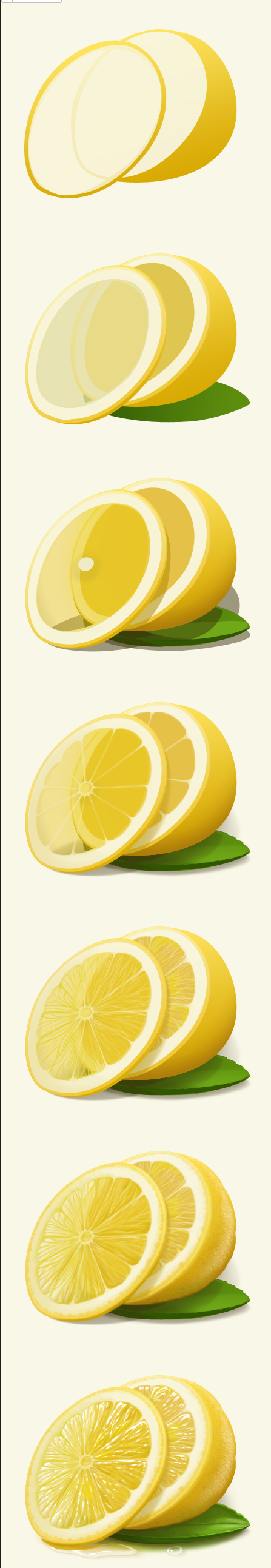 the image shows a stack of lemons, each sliced in half. the lemons are arranged from top to bottom in descending order of how much of the lemon is visible. the top lemon is completely whole and only shows the outline of the cut.  the next lemon shows the cut at a 45degree angle, and so on.  the bottom lemon shows the whole cut open. each lemon has a green leaf underneath it.