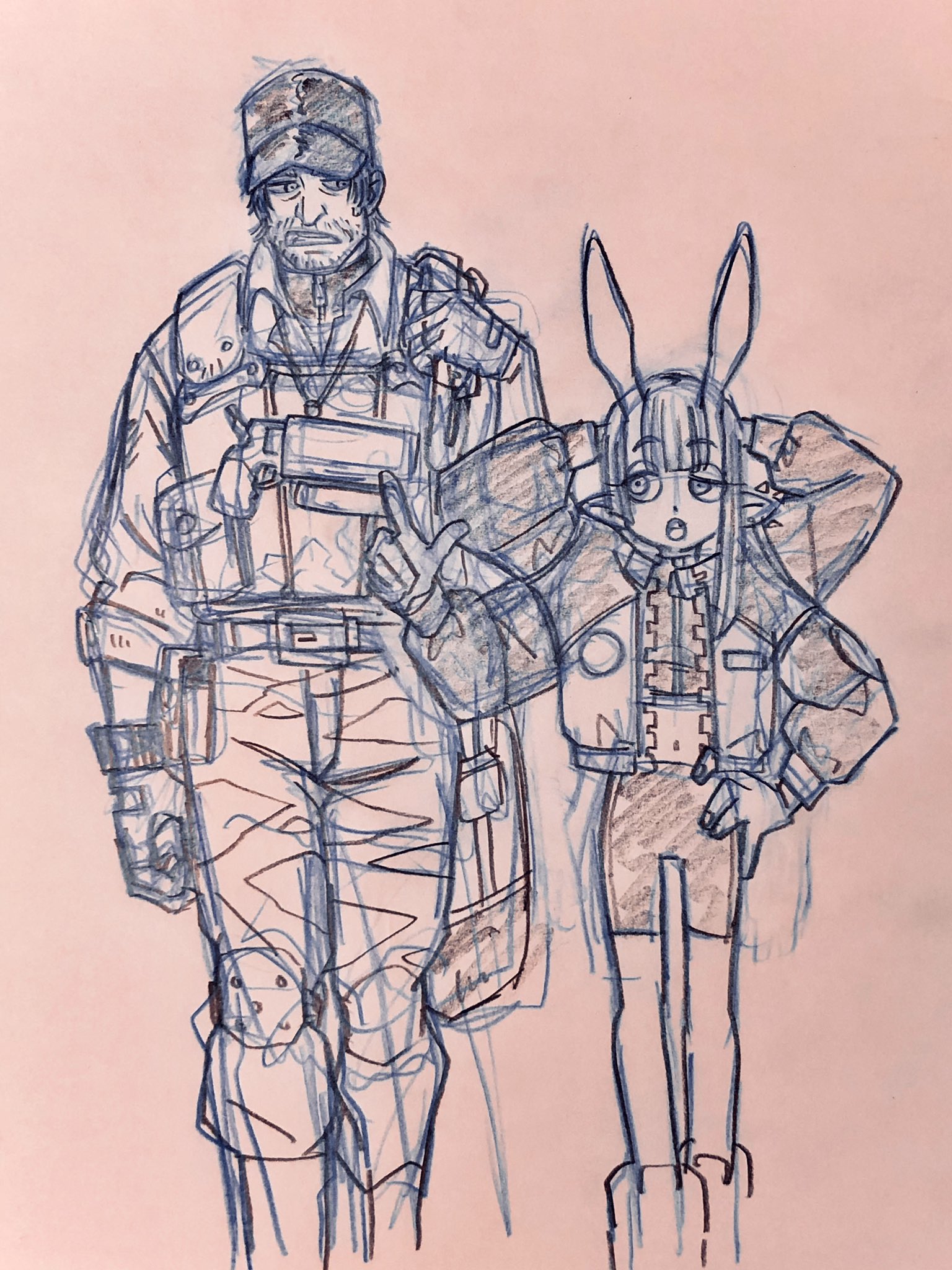 it is a sketch of a man in military garb and tactical gear standing beside a girl with bunny ears wearing modern clothing.  the figures are drawn using blue pencil on light pink paper.