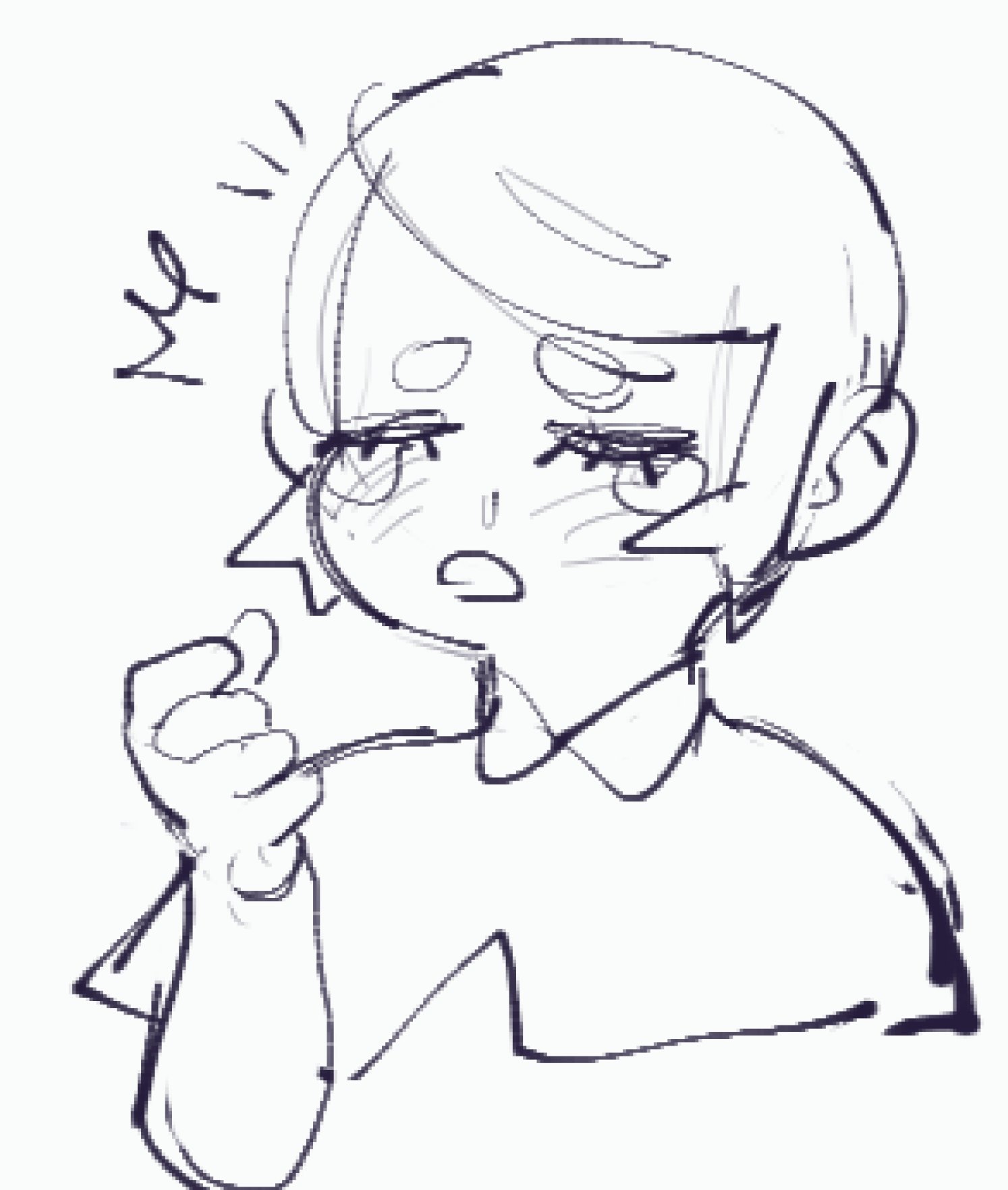 a simple line drawing of a cute anime boy with short hair, sad and frowning expression, his hand in front of him. he's wearing a shirt with a collar.