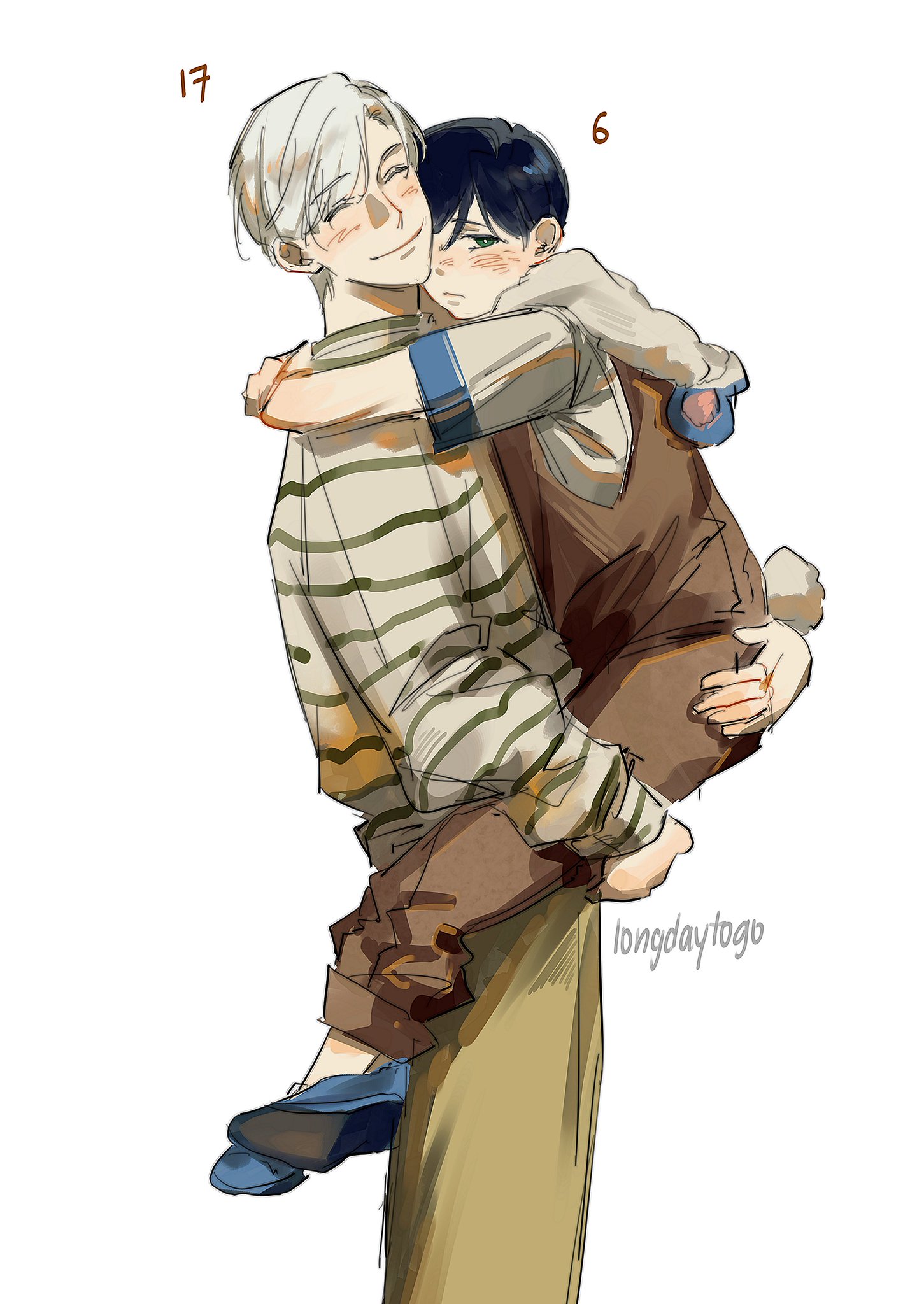 the image is a piece of fanart depicting victor nikiforov from the anime yuri on ice carrying a younger yuuri katsuki.  victor is wearing a striped shirt and beige pants, while yuuri is wearing overalls and blue shoes. the drawing style is reminiscent of manga and anime, featuring soft lines and muted colors. the scene conveys a feeling of warmth, affection, and a close bond between the two characters.  ages (17 and 6) are annotated in the upper corners. the artist's signature "longdaytogo" is visible in the bottom right.