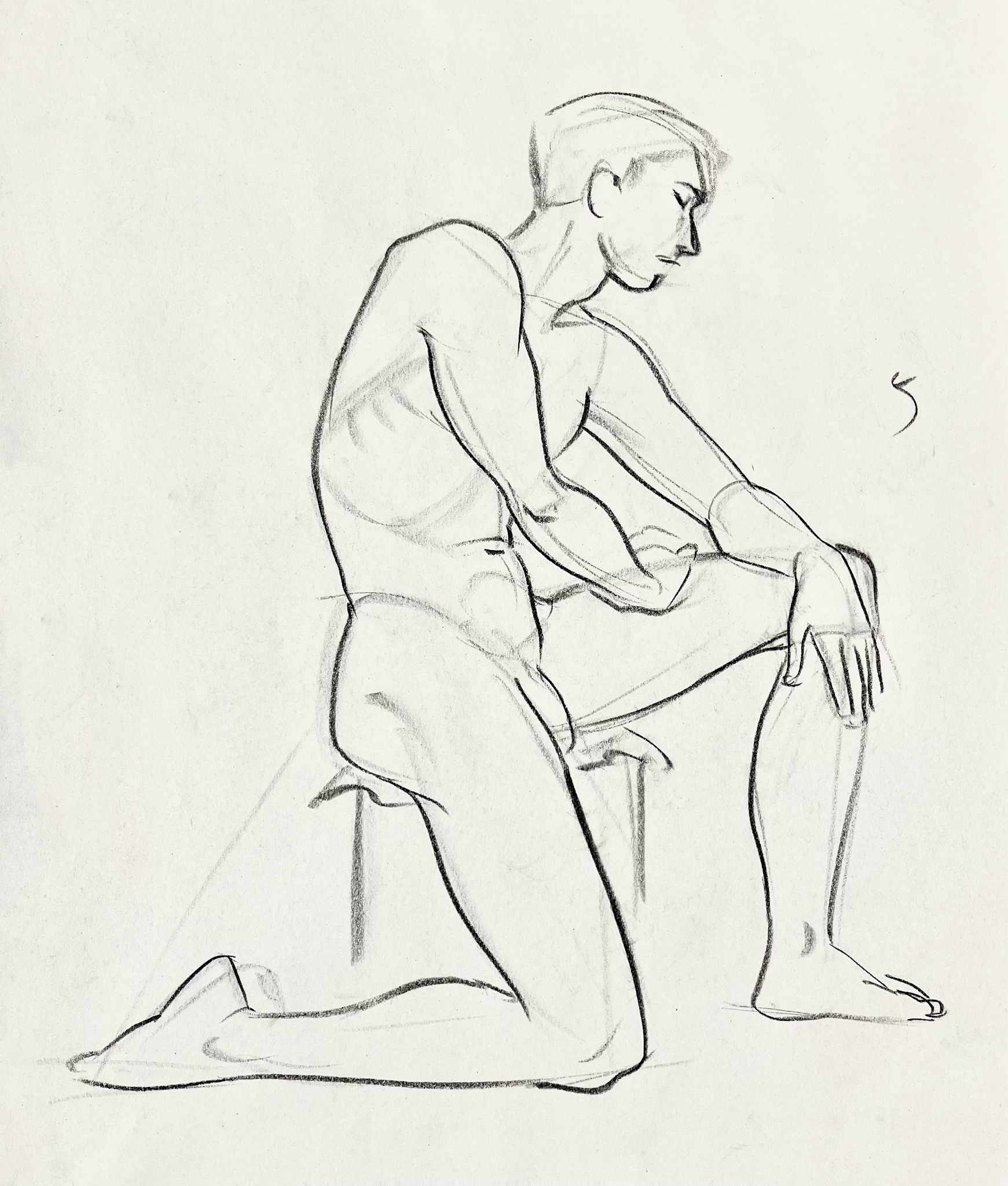 a pencil drawing of a nude male figure, in a kneeling pose,  sitting with his legs bent and his upper body leaning forward.