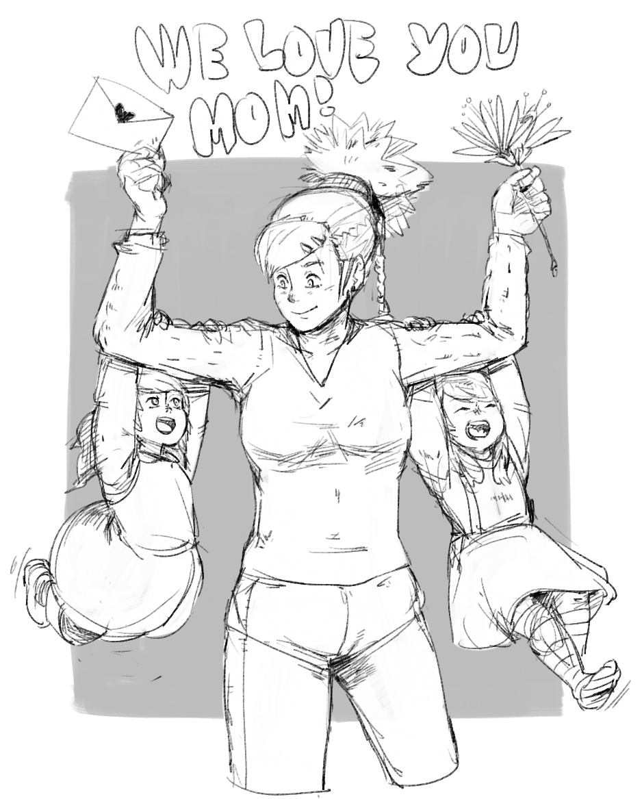 this is a black and white sketch of a mother with two children. the mother is holding the children up in the air and the children are smiling. there are flowers behind the mother and the text "we love you mom!" above her. the sketch is a happy representation of a mother and her children.