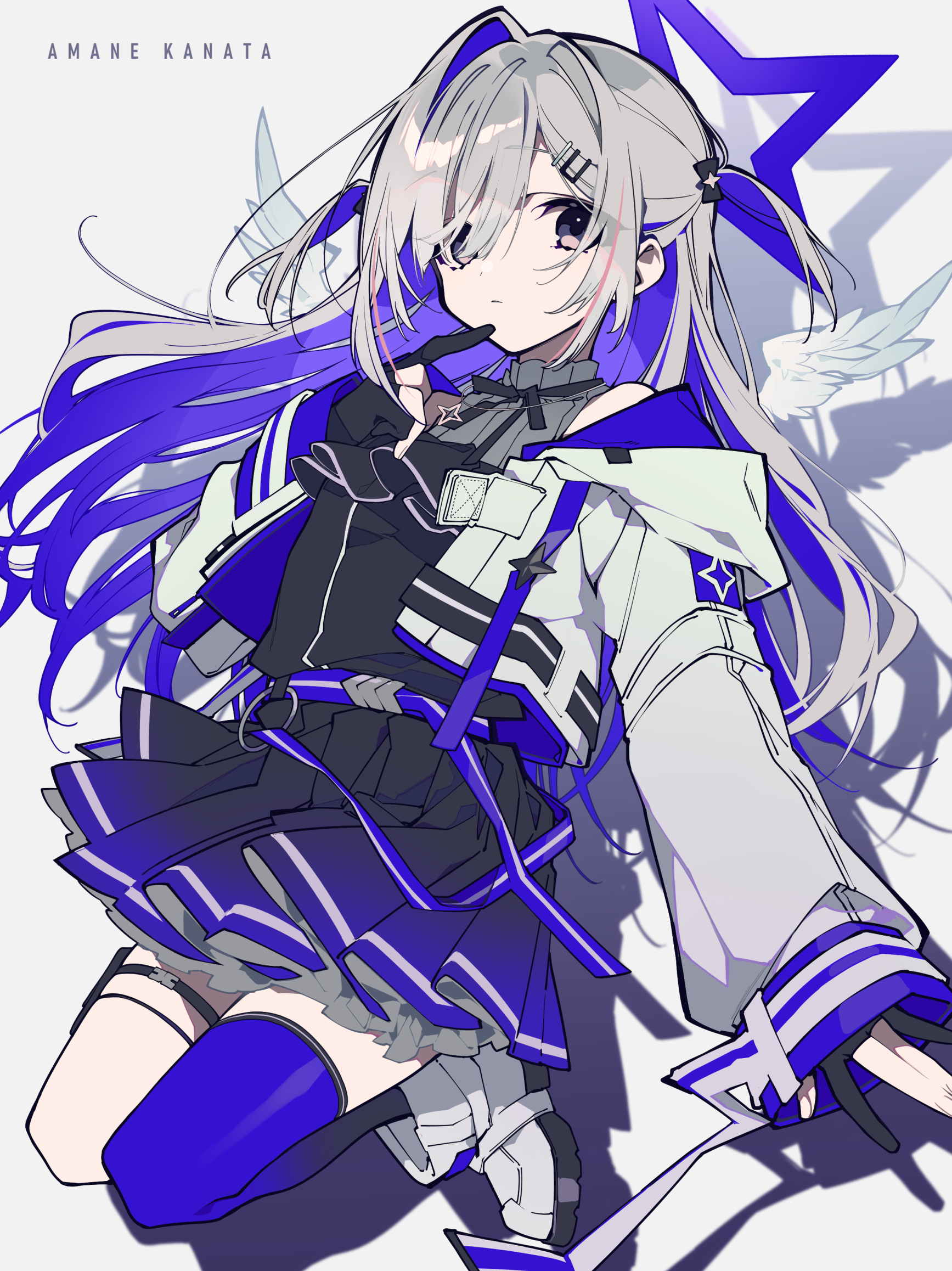this image is an animestyle illustration of a character named amane kanata. she is depicted as a young girl with white hair and blue streaks, styled in pigtails with hair clips. she has a serious expression on her face and is holding a pen or similar object to her mouth. she is dressed in a school uniformstyle outfit, consisting of a black top, a short blue skirt with white stripes, and a white jacket with blue accents. the outfit also includes stockings, gloves, and various straps and accessories. in the background, there is a large blue star and faint images of wings. the overall style is reminiscent of manga or digital art.