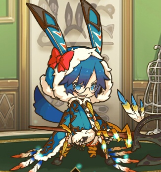 a cute anime girl with blue hair and white furry ears is wearing a blue and white outfit with a red bow. she is holding a staff with feathers and is looking at the viewer with a mischievous smile. the background features a  room with a window, a dresser, and a sewing mannequin. the girl's expression and pose suggest that she is a magical character in a fantasy game.  the drawing style is whimsical and lighthearted.