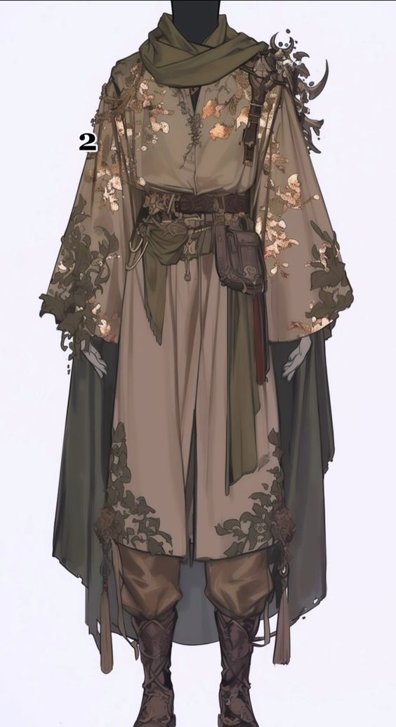 this illustration showcases a detailed fantasy character design. the character is adorned in a complex ensemble consisting of a patterned robe, a flowing cape, intricate belts, and boots. the outfit incorporates floral and leaf motifs, suggesting a connection to nature or magic. the character appears to be wielding a weapon, adding to the sense of adventure and intrigue.  the overall design emphasizes a dark, medieval aesthetic with an emphasis on elaborate details.