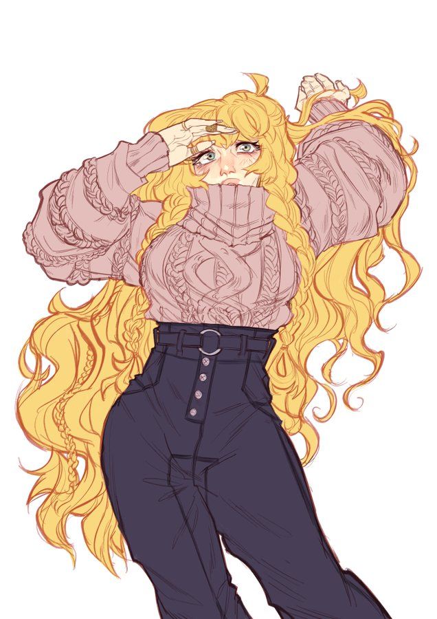 a digital illustration of a young blonde woman with long, curly hair. she is wearing a pink cable knit sweater and high waisted dark jeans. she has a belt with a silver buckle and a small silver button fly on her jeans. the woman is looking up with her hand on her forehead. she is drawn in a cartoon style with simple details and smooth lines. the background is white.