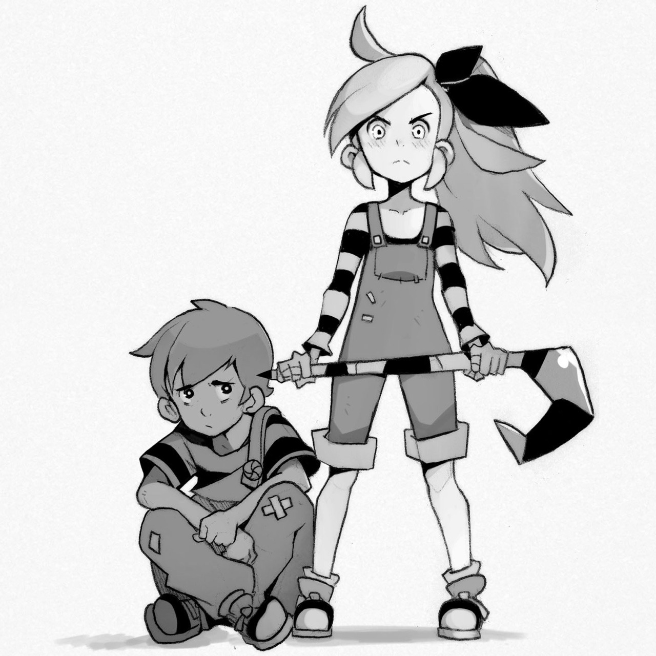 a black and white drawing of a young girl and boy drawn in a manga style. the girl is standing with a large axelike weapon and the boy is sitting on the ground looking forlorn.