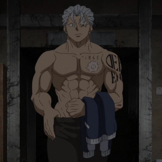 a tall, muscular, anime man with spiky grey hair and a scar over his left eye stands in a dimly lit doorway. he is shirtless, revealing a toned physique and a tattoo of a star with the number "1865" on his left pectoral. on his right bicep, he has another tattoo, partially visible, that reads "dea en". he holds dark fabric, possibly a shirt or jacket, in his left hand and looks directly at the viewer with a serious expression. the background is dark and indistinct, focusing attention on the man's imposing presence.