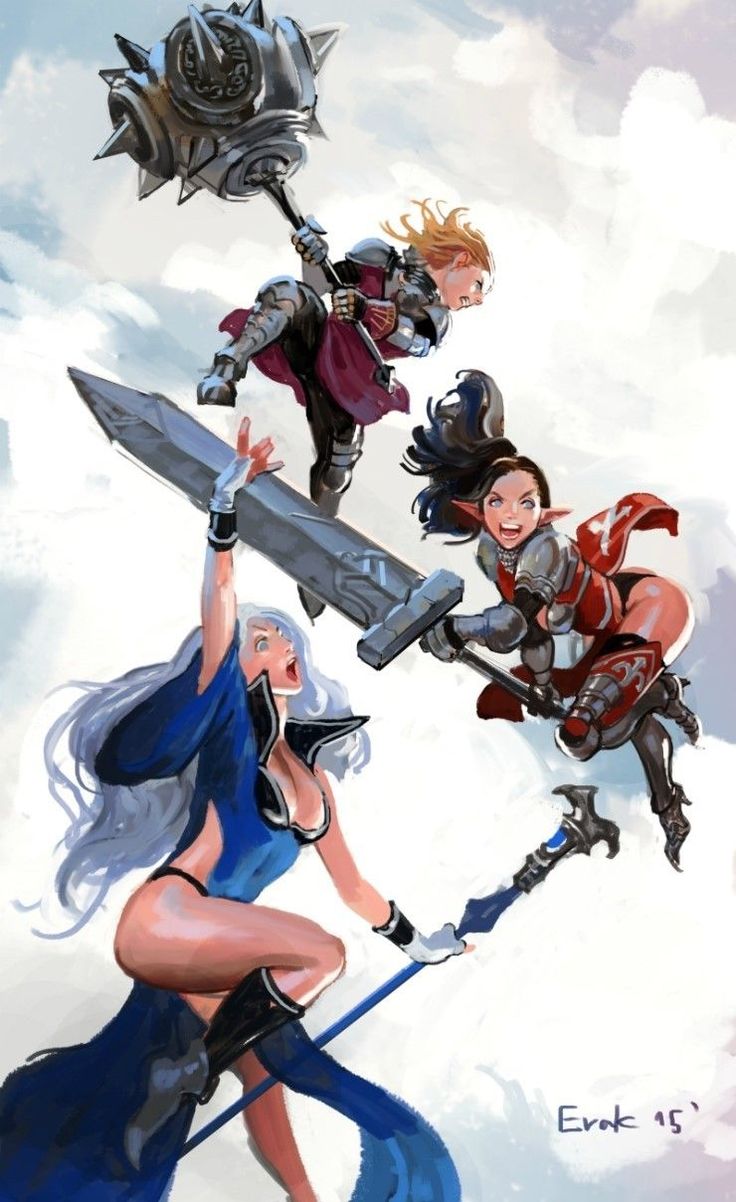 the image depicts three female fantasy warriors in dynamic poses against a cloudy sky. one warrior, with blonde hair and wearing armor, wields a spiked mace. another, with dark hair and pointed ears, wields a sword. the third, with white hair and wearing a blue outfit, raises a large sword in one hand and holds a staff in the other. the artwork is signed "ervak 15'".