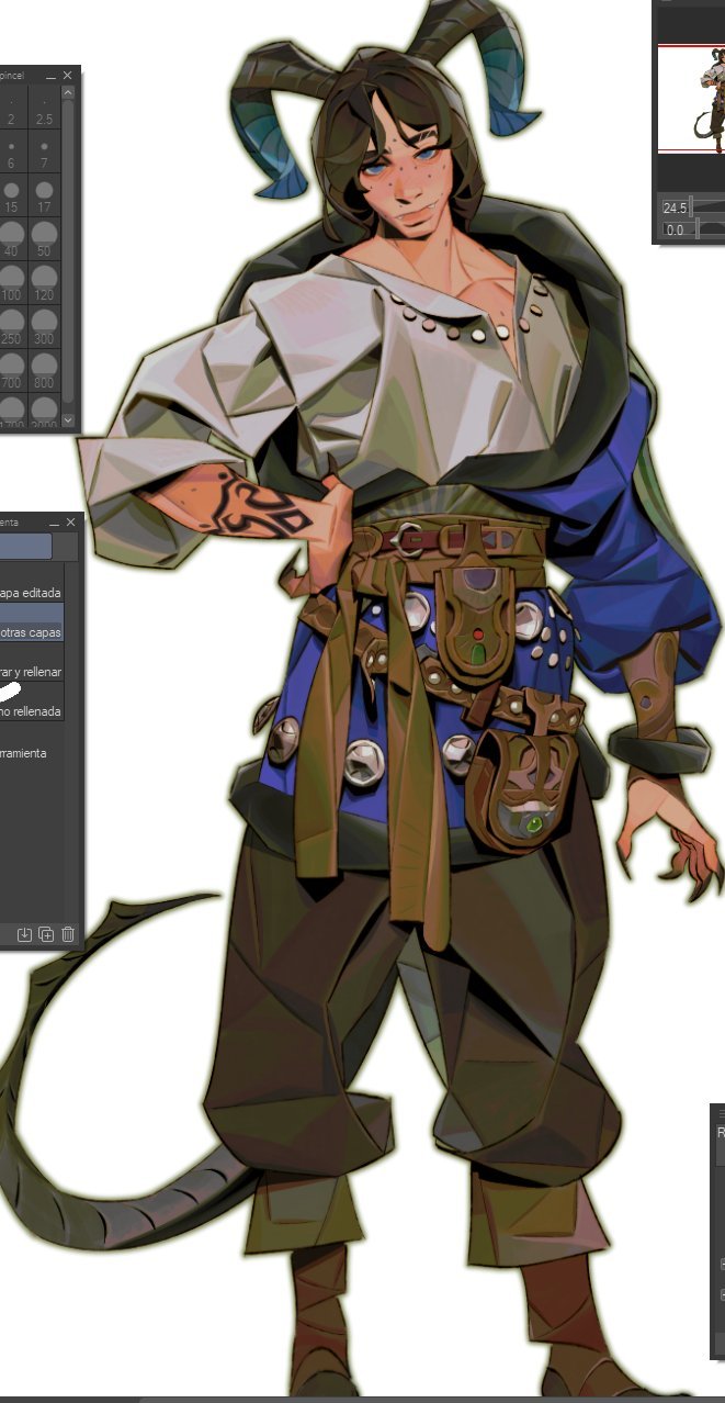 the image shows a digital painting of a stylized fantasy character. the character is male, with dark skin and freckles. he has horns and a tail. he's wearing fantasyinspired clothing, including a loosefitting shirt, pants, a belt with pouches, and a blue undergarment. the art style is semirealistic with a focus on stylized shapes and color palettes.  surrounding the central artwork are interface elements from a digital painting program, showing color palettes, brush settings, and layers, suggesting it's a work in progress. the image gives the impression of a concept art piece, possibly for a video game or other media.