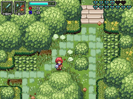 the image is a screenshot of a video game that appears to be an rpg. it features a topdown perspective of a lush green forest environment with a gridbased path. a playable character with red hair and a blue shield is standing on the path, surrounded by trees, grass, and flowers. there is a hud (headsup display) at the top of the screen showing the player's health, mana, inventory, and equipped weapons. the art style is pixel art, reminiscent of classic retro games.