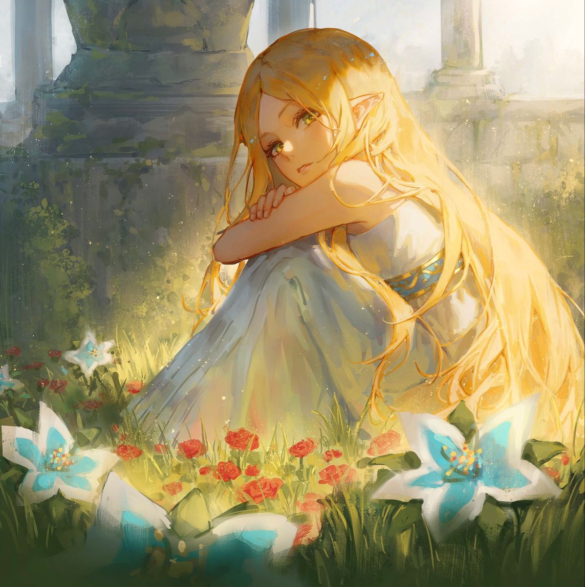 the artwork depicts a young animestyle girl with long, flowing blonde hair and elflike ears.  she is wearing a flowing white dress with a light blue accent at the waist and is sitting amongst a field of red and blue flowers near some ancient ruins. the overall style is soft, dreamy, and ethereal, with a warm, sunlit atmosphere. the girl appears serene and peaceful, her arms wrapped around her knees. the background includes pillars and hints of overgrown ruins, contributing to a sense of fantasy and tranquility. the image is a beautiful digital painting or illustration.