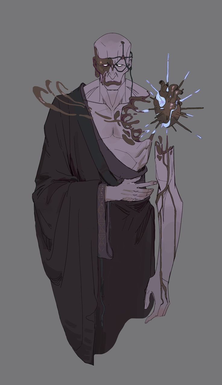 a digital illustration of a man with a bald head and a robe, his right arm is replaced with a heart on a thorny branch. the man looks strangely serene despite his bizarre anatomy. the art is done in a dark and mysterious style with soft colors and a grayish background.