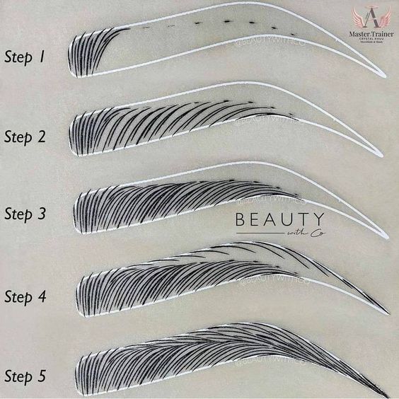 the image depicts a 5step tutorial on how to draw or tattoo realisticlooking eyebrows. each step showcases the gradual building of the eyebrow shape and hair strokes, from a basic outline to a filledin, textured brow.  the tutorial emphasizes creating fine, hairlike strokes for a natural appearance.