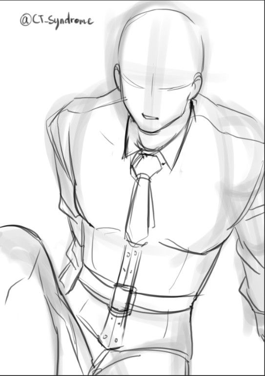 this is a sketch of a male anime character in a shirt and tie. the character is drawn in a simple style, with clean lines and minimal detail. the character is posed in a relaxed and casual manner, with their arms crossed and their head tilted slightly down. the character's face is not fully drawn, but their features are hinted at. the character's clothing is loosefitting and appears to be made of a soft fabric. the overall style of the sketch is simple and minimalist, but the character's pose and clothing suggest that they are cool and confident. the sketch is done in black and white, with no shading or color.  the artist has used bold lines to create a sense of movement and energy, which is further heightened by the use of loose fitting clothing and casual pose.