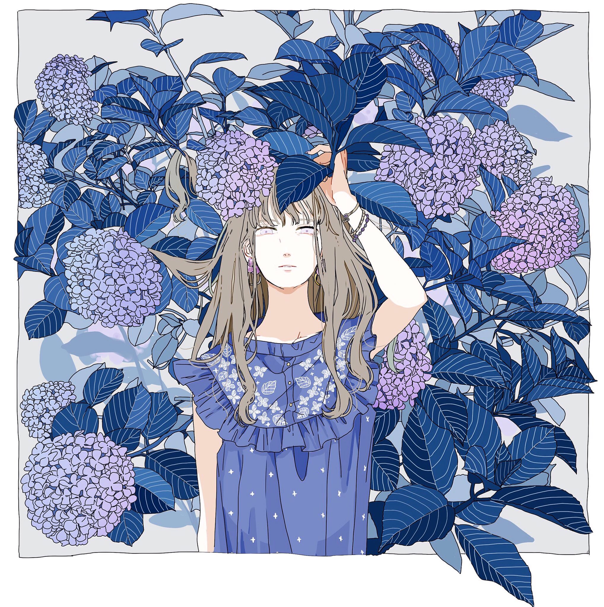an illustration in anime style depicts a woman standing amid a dense arrangement of blue and purple hydrangeas. she is wearing a blue dress with ruffles and small floral designs. she has beige hair and pale skin. she is wearing bracelets and earrings, and her eyes are blank. one of her hands is placed on her head. the background is light gray. the illustration focuses on botanical and floral elements, giving a gardenlike impression.