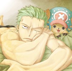 this is an illustration of the character roronoa zoro from the anime one piece sleeping with his arm resting on his companion, tony tony chopper (in his reindeer form). zoro is shirtless and lying on his side with chopper nestled beside his head. they appear to be in bed together with the sheets pulled up to zoro's waist. the lighting is soft and warm, suggesting a peaceful and comfortable atmosphere.