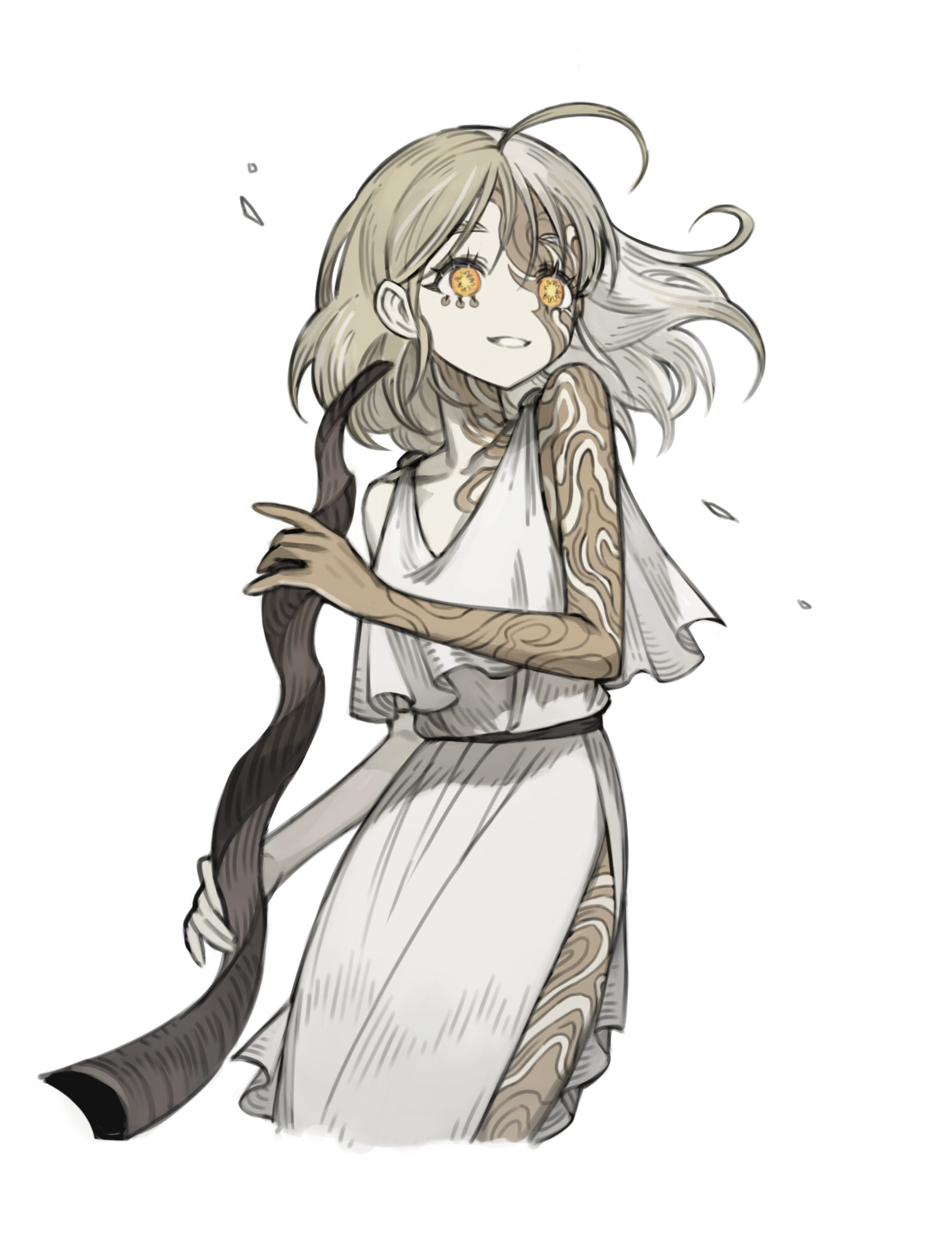 the image showcases a young woman, drawn in a stylized, slightly melancholic manga style. she has short, windblown blonde hair with a section parted differently revealing a darker skin tone underneath. her most captivating feature is her bright, golden eyes that seem to glow. intricate, swirling, golden tattoos adorn her right arm and leg, hinting at a magical nature. she's clad in a flowing white dress and holds a gnarled, dark wooden staff, further emphasizing a connection to nature and possibly magic. the background is pure white, putting all the focus on the character.