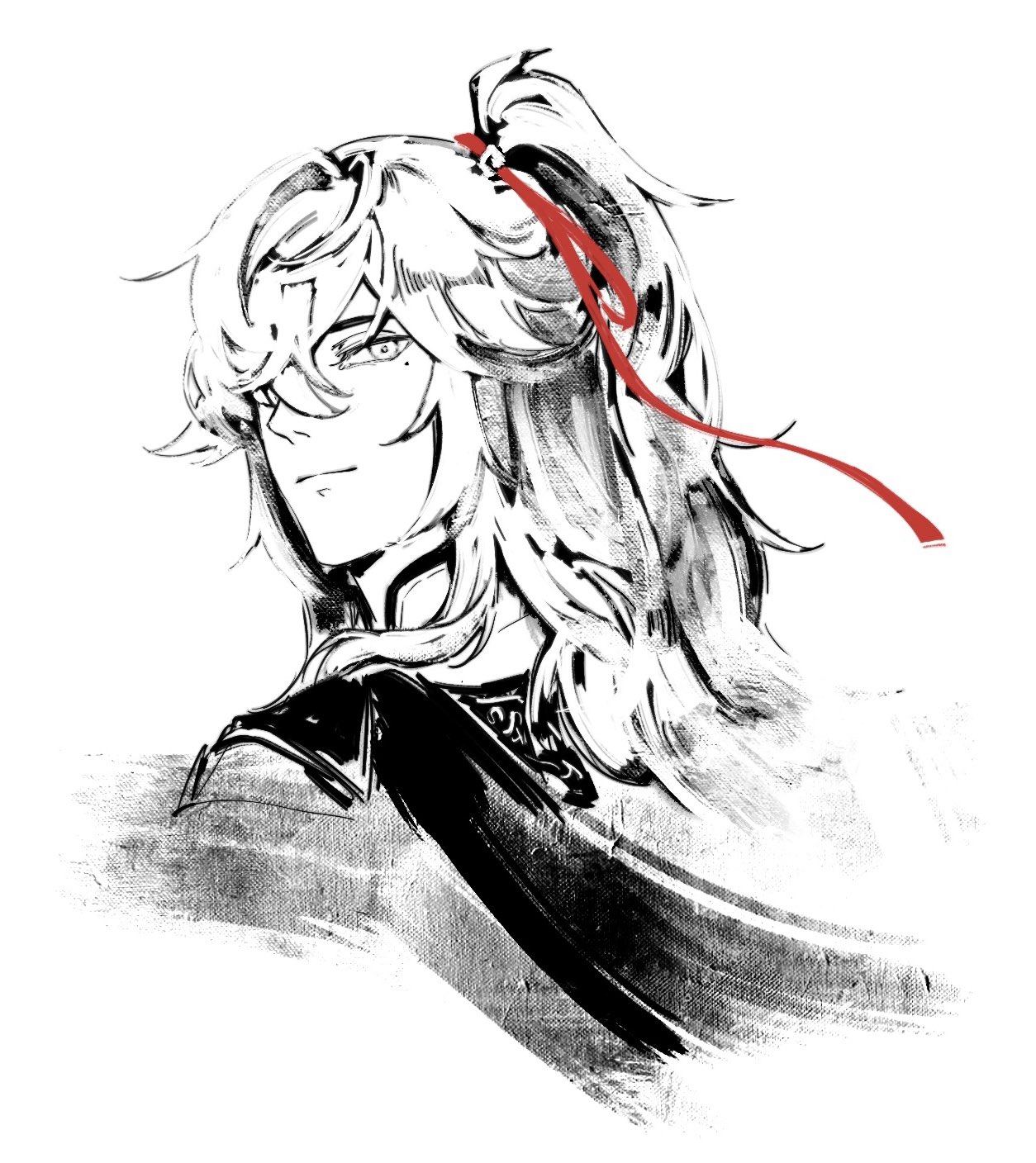 a black and white sketch of a male anime character with long hair pulled back with a red ribbon. the character has a determined expression on his face and is looking off to the side. the drawing is done in a stylized, brushstroke manner, giving it a dynamic and expressive quality.