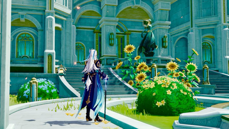 the image is a still from the video game genshin impact, specifically showing the fontaine region.  aether (or lumine, it's unclear which twin) stands with their back to the camera, holding a cane, in front of a large, tealcolored palace.  the palace has grand steps leading up to it, and a statue is visible in a fountain at the top of the steps. the area is beautifully landscaped with sunflowers and other flowers, creating a vibrant and peaceful scene.  the overall color palette is dominated by shades of teal, blue, and green.