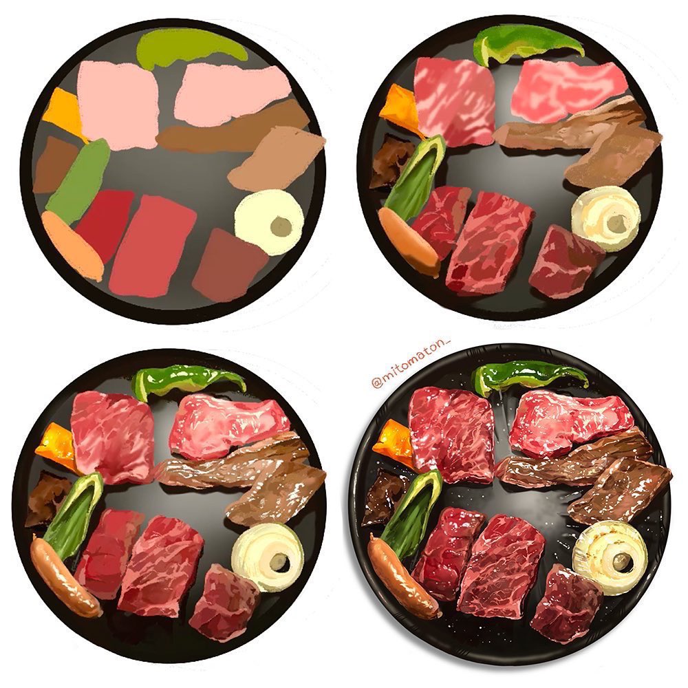 the image shows four plates of raw meat and vegetables, ready to be grilled in a yakiniku restaurant. each plate features a selection of marbled beef, sliced onions, and green peppers. the meat is arranged in an aesthetically pleasing way, showcasing the different cuts and textures.