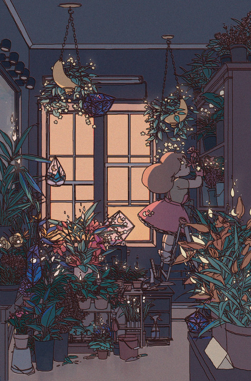 a young girl with curly blonde hair, wearing a pink dress stands on a step ladder in a room filled with plants and flowers. the room is lit by the warm glow of the setting sun streaming in from the window and by string lights hanging from the ceiling.  the walls are a deep blue, and the plants are a variety of greens, pinks, and oranges.  there is a sense of magic and wonder in the air.