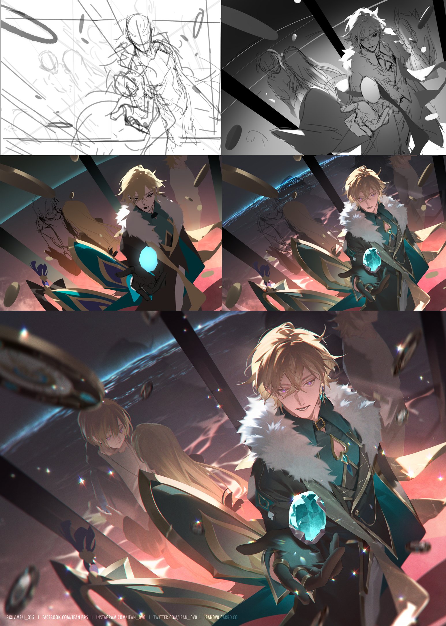 his image shows the process of creating a digital painting of a male anime character. the first stage is a rough sketch, followed by a grayscale value study, then color blocking, and the final detailed image. the character is depicted in a fantasy setting against a backdrop of stars and space, wielding a glowing teal gem.  he has blonde hair and wears a teal and gold outfit with a fur collar.  two other figures, presumably female, are partially visible in the background of the final image.  the process showcases the artist's development of the character and setting from initial concept to finished artwork.