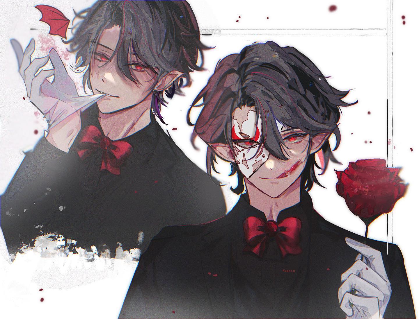 the image features a digital drawing of two animestyle male characters. both have dark hair, red eyes, and are dressed in elegant black suits with red bow ties.  one character is cleancut, while the other shows signs of injury, with a partially covering mask and blood on their face. both characters display a mysterious and slightly melancholic aura. a red rose is held by the second character. a small devil wing detail is visible in the background near the first character. the art style is soft, yet detailed, with a focus on capturing the characters' expressions and clothing details. the overall aesthetic is dark, romantic, and slightly gothic.
