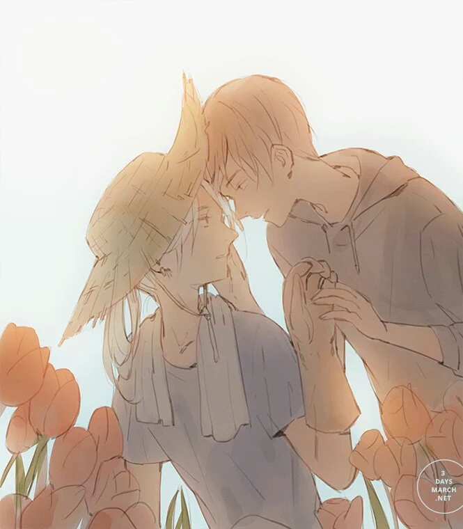 the image depicts two young men in a loving embrace amidst a field of tulips. the scene is bathed in a soft, warm light, creating a romantic and intimate atmosphere. one man, with blond hair and a straw hat, gazes lovingly at his partner, a young man with short brown hair. they are holding hands, with the taller man gently cupping the other's face. the focus is on their connection and the tenderness of the moment, with the background of the tulip field slightly blurred, enhancing the romantic atmosphere.