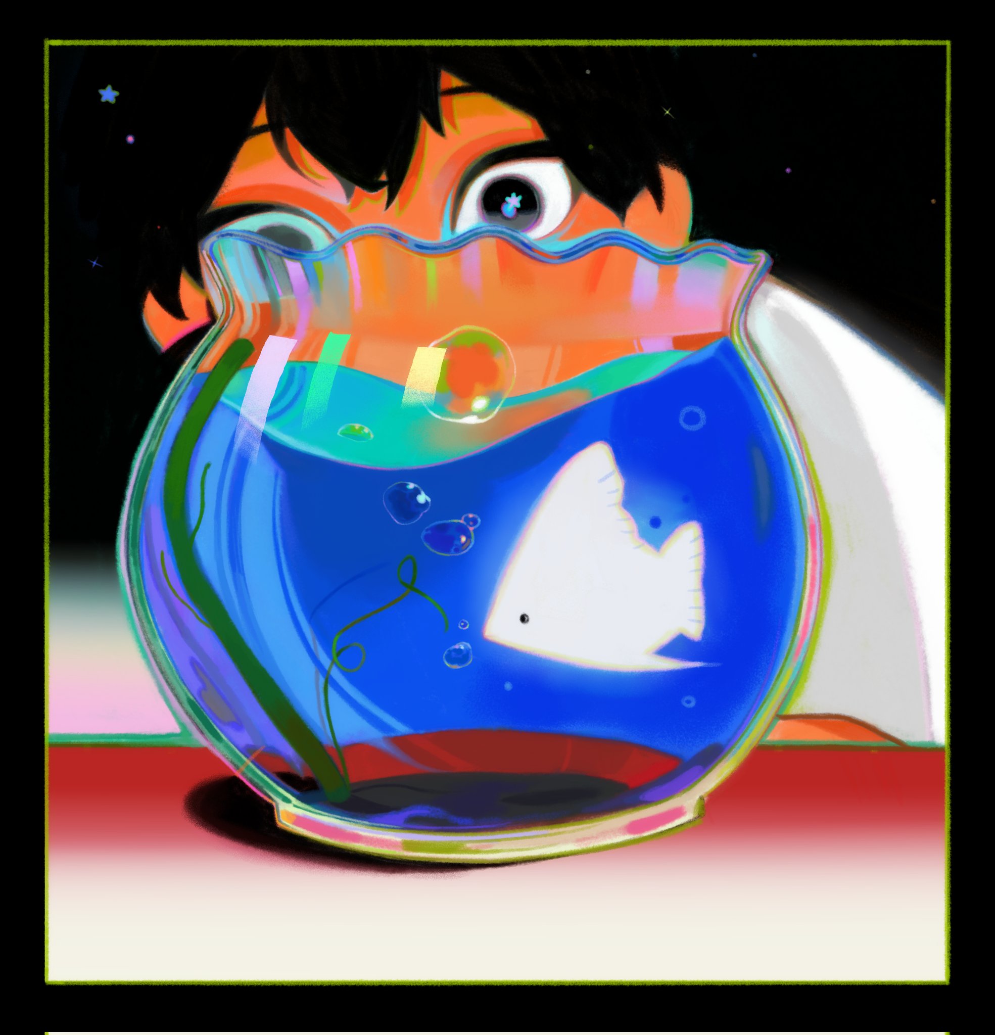 an animestyle illustration featuring a boy peering over a fishbowl filled with blue water and a white fish. the fishbowl has plants and bubbles inside, and the reflection shows stars in the boy's eye. the image is colorful and cute, presented as a portrait.