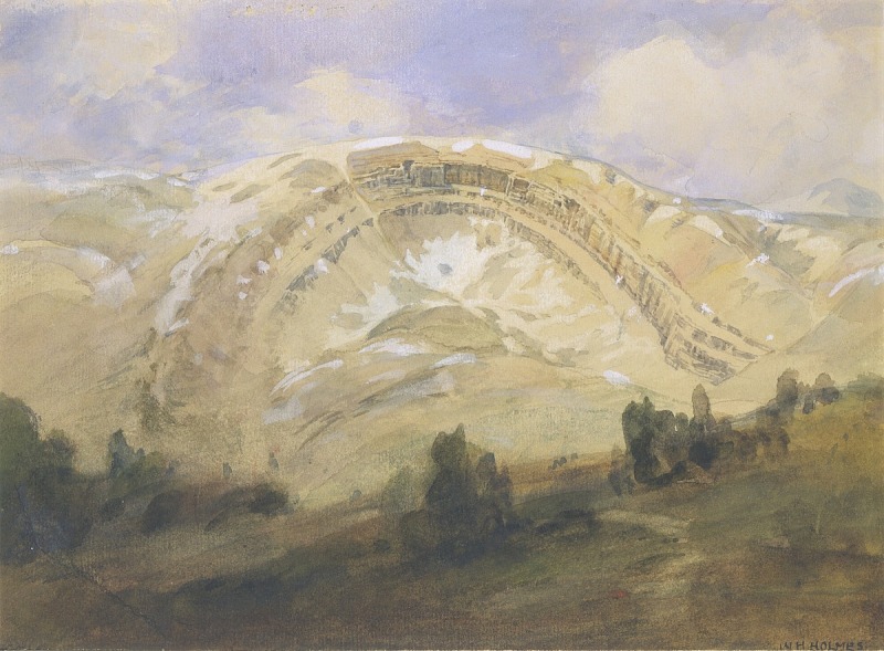 a watercolor painting by w.h. holmes depicts a mountainous landscape dominated by a large geological formation showcasing distinct layers of sedimentary rock. the layers form an archlike structure due to geological uplift and erosion. in the foreground, there are patches of trees and vegetation, adding depth to the landscape. the sky is overcast with light clouds. the artwork captures the rugged beauty and geological complexity of the mountainous region.