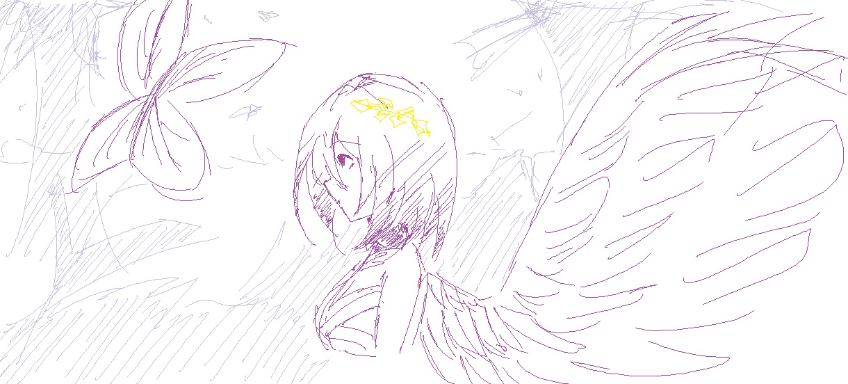 a sketch of an angel with large wings looking away, with a butterfly on the left. the angel has a hair ornament and short hair.