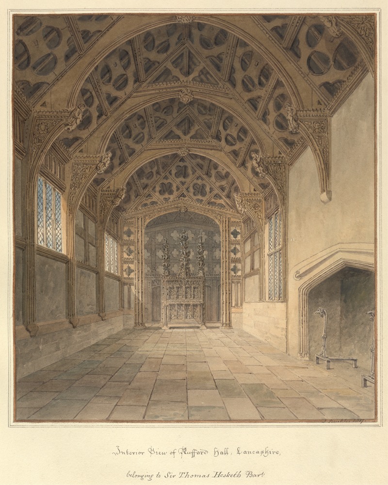 an interior view of rufford hall in lancashire, belonging to sir thomas hesketh bart. the hall is rendered in a gothic architectural style with a detailed ceiling featuring decorative patterns and arches. windows line the walls, and a fireplace is visible on the right. the floor is made of stone tiles. the artwork appears to be a drawing or watercolor.