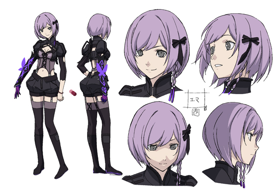 the image showcases the character design of a female anime character with short, lavender hair styled with a braid and black bows.  she has fair skin and lightcolored eyes.  the character wears a revealing, black and purple fantasy outfit with various straps, buckles, and a corset.  the outfit includes gloves, thighhigh stockings, and small shorts.  the image provides a fullbody view, back view, and multiple closeups of the character's head from various angles showcasing different facial expressions.   the background is plain white, emphasizing the character design.