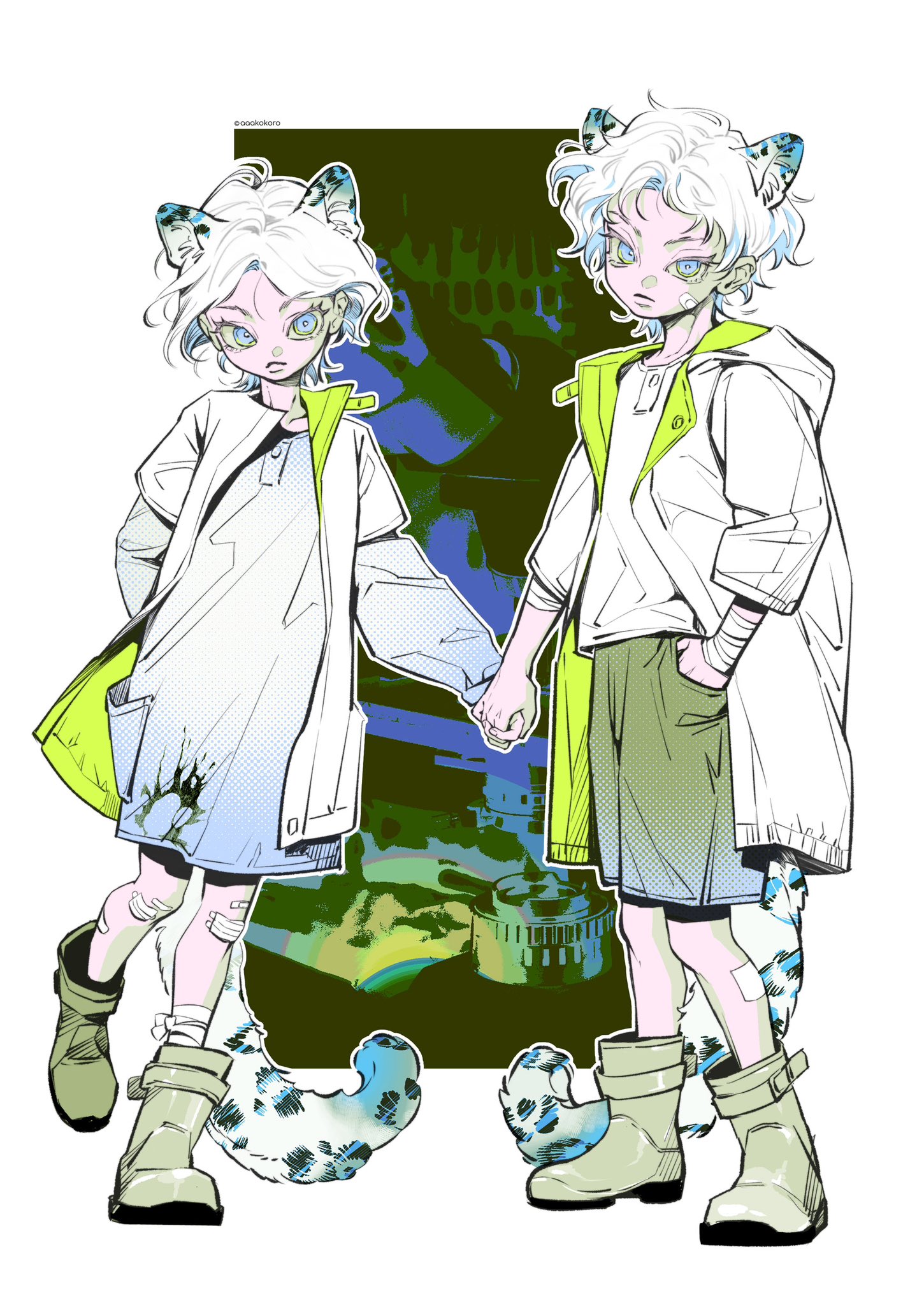 two anime characters, both with white hair and blue eyes, are holding hands. they are both wearing white jackets with green accents, and they both have long snow leopard tails.  one character is wearing a white longsleeve shirt and shorts while the other is wearing a blue shirt and a white longsleeve shirt. the background is dark green, and the characters are drawn in a bright, colorful style. they look like best friends.