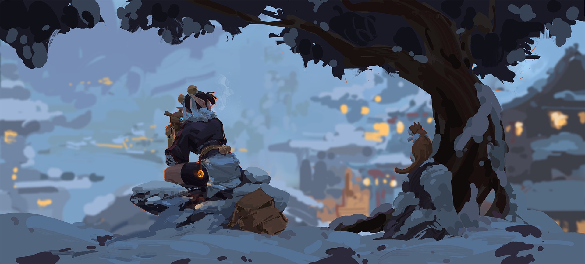 the digital painting depicts a female elflike character seated on a snowcovered rock, gazing out at a distant snowy village. the elf is wearing dark clothing, a furtrimmed hood, and seems to be carrying a weapon or instrument. a cat sits on a nearby snowcovered tree trunk. the scene is set during the blue hour, with a soft, diffused light illuminating the village in the background. the style is painterly and loose, with visible brushstrokes contributing to the atmospheric perspective and overall serene mood. the overall feeling is one of peaceful solitude and contemplation.