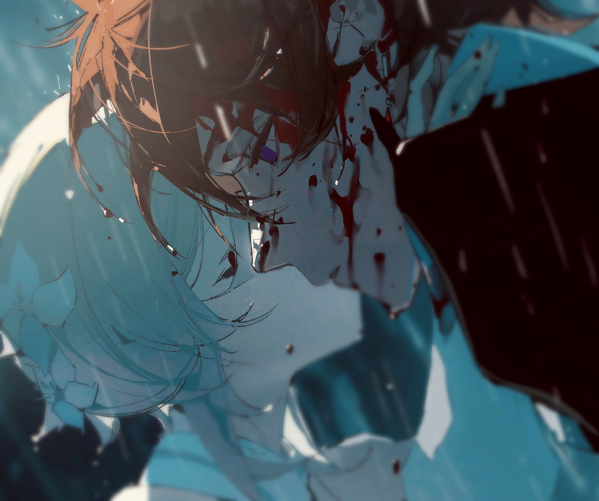 an animestyle image depicting a somber scene. a male figure with dark hair, splattered with blood, is shown in close proximity to another character with blue hair. both appear to be in distress, with signs of tears or rain visible. the atmosphere is one of sadness and possibly grief, with the characters seemingly embracing or supporting one another. the background suggests a rainy environment.