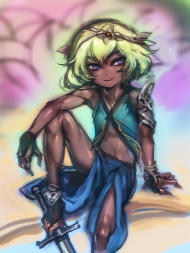 a female anime character with dark brown skin and bright green hair sits on a sandy surface while holding a sword. she is dressed in blue and green clothing and accessorized with gold jewelry. the background is a soft blur of pink, purple, and white.