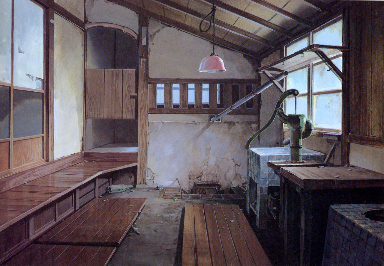 the image is an illustration of an abandoned, rustic kitchen in what appears to be a traditional japanese house. the scene is bathed in soft, natural daylight streaming in from the windows. the room features a wooden water pump and sink, as well as various wooden surfaces and furniture. the walls show signs of age and weathering. the overall atmosphere is one of quietude and decay.