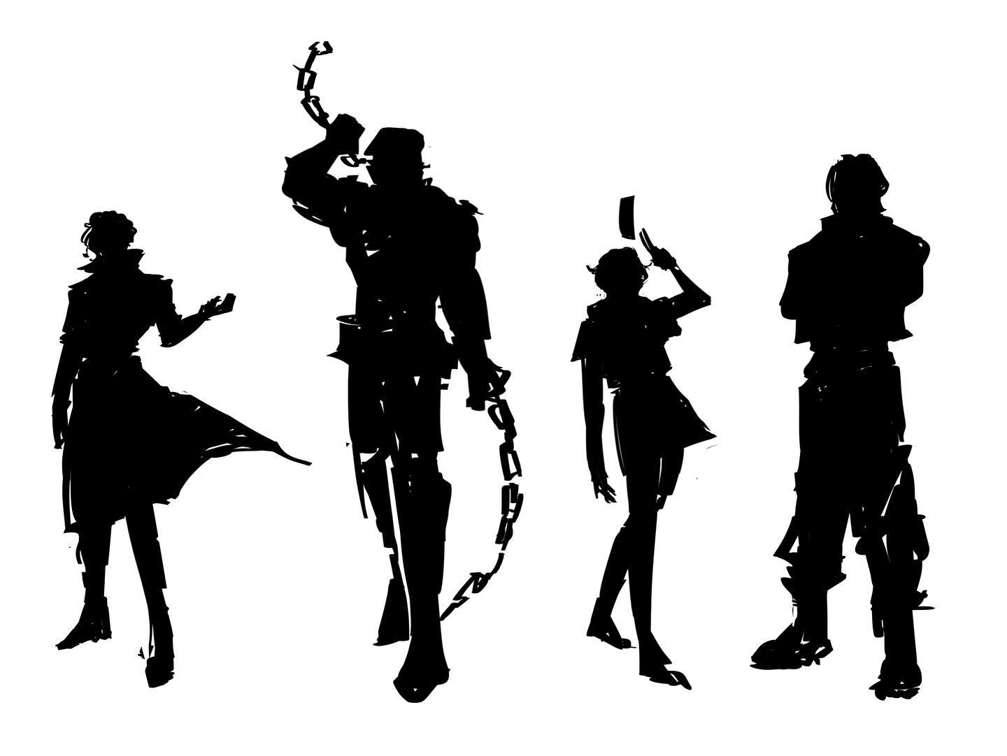 four character design silhouettes are shown. the leftmost figure is a woman in a long coat.  the next figure is a muscular man holding a chain weapon. the third figure appears to be a woman with pointed ears. the last figure is a man with his arms crossed.