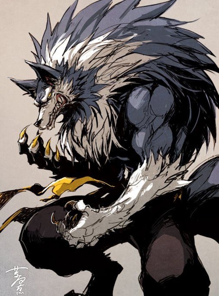 a detailed illustration of a werewolf in a dynamic pose. the werewolf has a powerful, muscular build and a ferocious expression. its fur is a mixture of black and white, and its claws are sharp and pointed. the werewolf is depicted in a dark and ominous setting, which adds to its menacing appearance.
