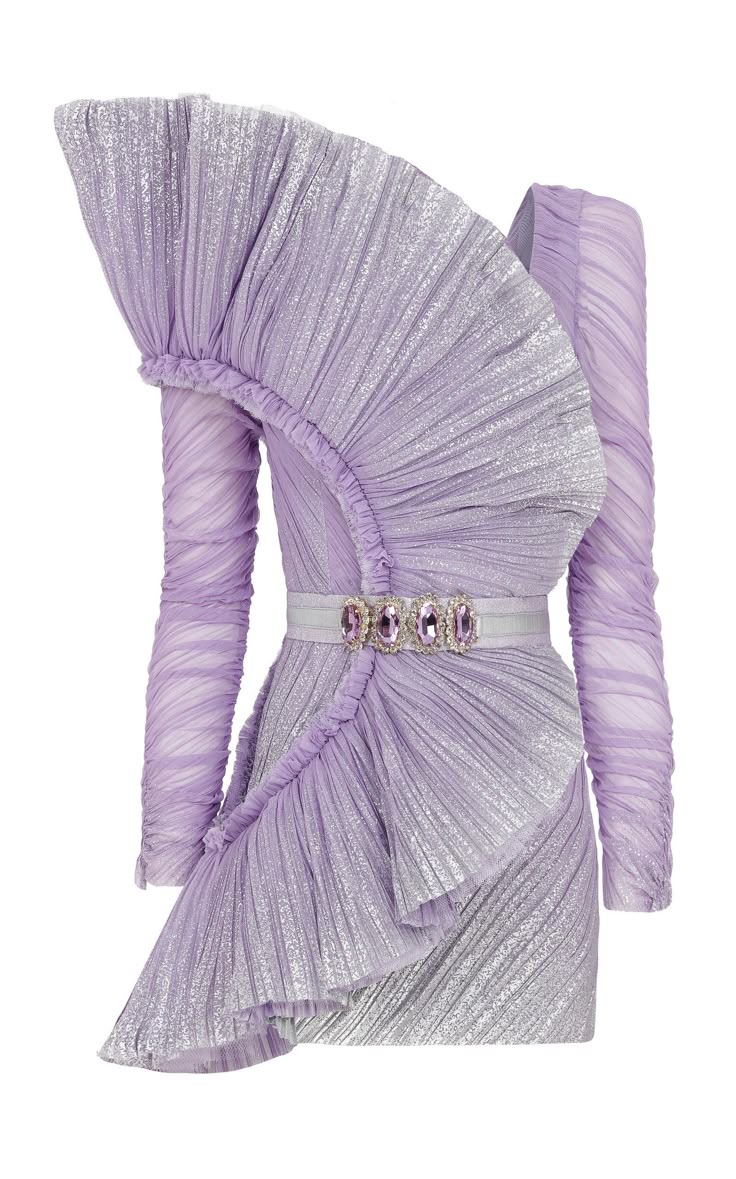 a purple oneshoulder pleated dress with silver accents and a jeweled belt on a white background.