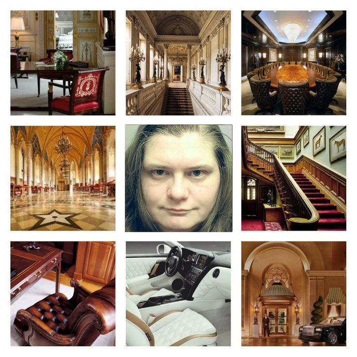 this is a collage of images that represent a luxurious lifestyle. the images show opulent interiors, grand architecture, expensive cars, and fine furniture. the overall tone is one of wealth and privilege.
