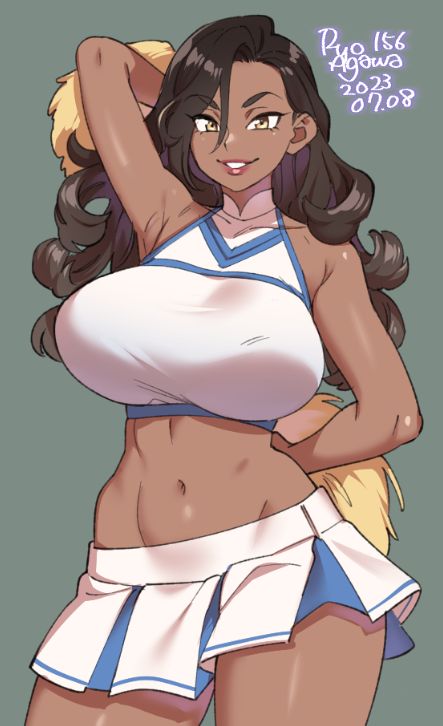 this digital artwork is a depiction of a woman with long brown hair styled in loose curls. she is wearing a white cheerleading outfit with blue trim, a short white skirt, and pom poms. the woman is looking at the viewer with a happy smile and has a playful expression on her face. her brown skin is visible, and the artwork is done in a cartoon style with exaggerated features.