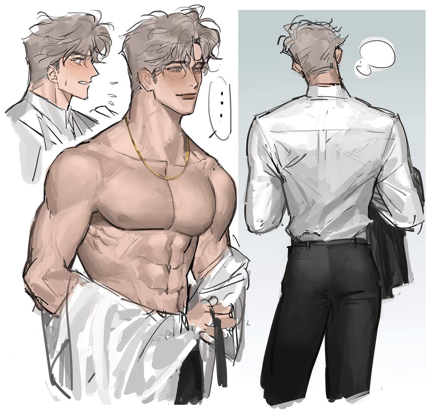 the image presents a stylized illustration or concept art of a muscular young man with grey hair.  the art is done in a loose, painterly style reminiscent of anime or manga. the illustration shows the character from multiple angles: a front view, partially shirtless; a closeup side profile; and a back view in business attire (a white shirt and black pants). the different perspectives allow a full view of the character's physique and facial features. there's a thought bubble near the back view suggesting contemplation.  the overall mood is stylish and attractive, with the character's muscular build and confident poses emphasized.
