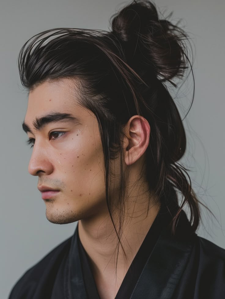 a portrait of a man with dark hair styled in a topknot, shown in profile against a neutral background.